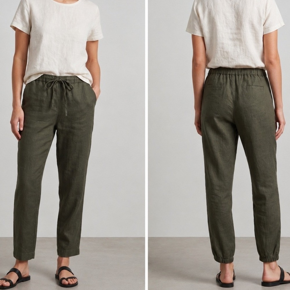 IXIMO Women's Medium Green 100% Linen Tapered Drawstring Pants Lagenlook Coastal